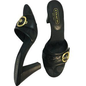 Coach Black & Gold Buckle Mules - monogram jacquard & leather